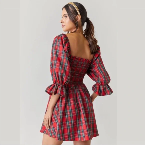 Plaid Red Christmas Dress Puff Sleeve - Picture 3 of 6